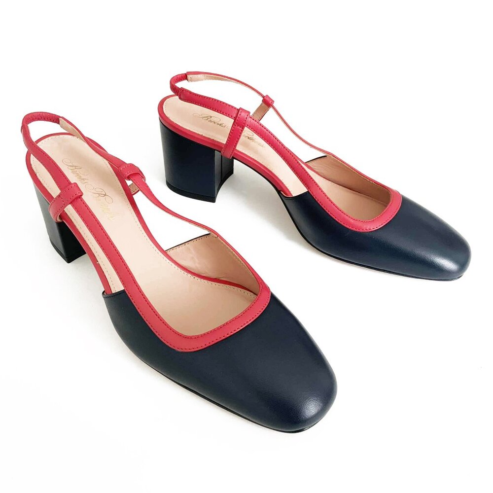 BROOKS BROTHERS Navy Blue & Orange Leather Slingback Block Heel Shoes – Size 8